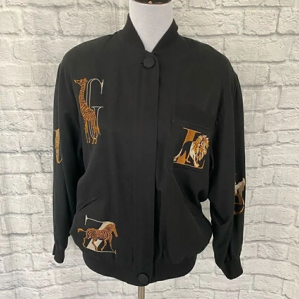 The Icing women S silk/cotton blend embroidered animal print zip jacket black